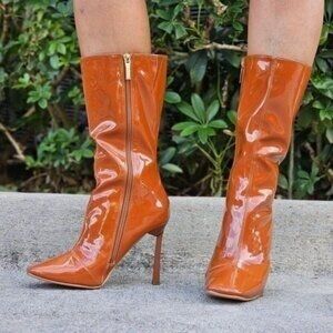 Women Mid Calf Square‎ Toe Heel Boot Tan Color